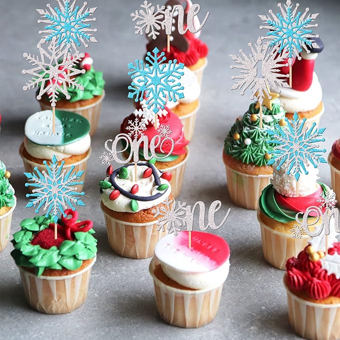 28 PCS One Snowflake Cupcake Toppers Glitter Winter Snowflake 1st Birthday Cupcake Picks First Birthday Snowflake Cake Decorations for Winter Wonderland Theme Baby Shower 1st Birthday Party Supplies