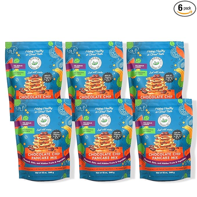 Hidden Foods Chocolate Pancake Mix with Monk Fruit ??Chocolate Chip Pancakes Perfect Breakfast - Fiber and Protein Choco Pancake Mix with Wheat & Oat Flour Blend of Vegetables - Waffle Mix 6 Pack