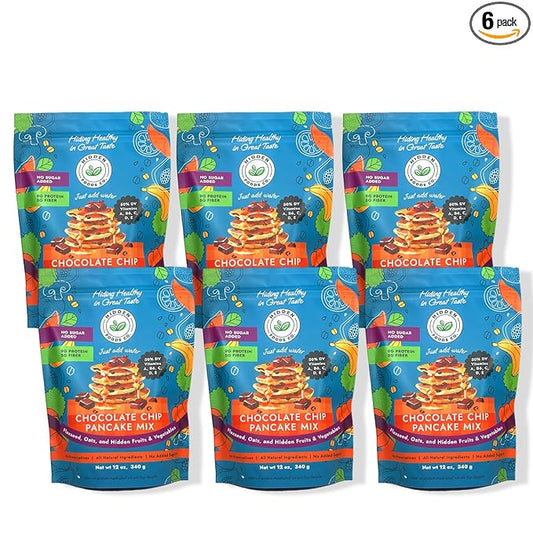 Hidden Foods Chocolate Pancake Mix with Monk Fruit ??Chocolate Chip Pancakes Perfect Breakfast - Fiber and Protein Choco Pancake Mix with Wheat & Oat Flour Blend of Vegetables - Waffle Mix 6 Pack