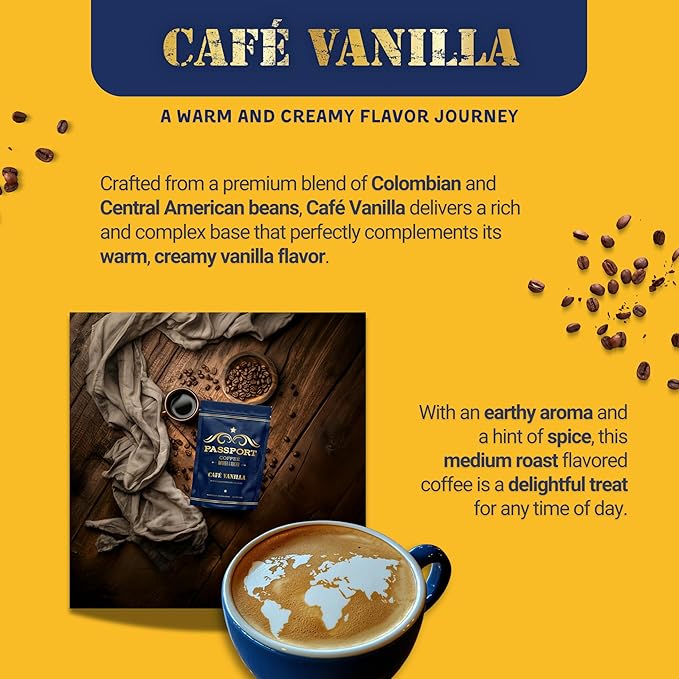 Passport Coffee Cafe Vanilla - Medium roast blend from Colombia & Central America with Rich vanilla flavor. Premium whole bean coffee, 12oz Bag