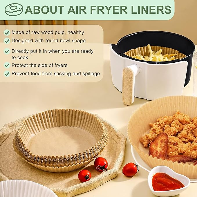 Air Fryer Liners,Disposable Airfryer Paper Liners,Non-Stick Oil-proof Water-proof for Easy Cleanup, Great for Oven, Pans & Baking,8??Round for 4-8 qt Air Fryer, Steamer, Roasting,Microwave,120 Pcs