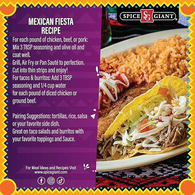 Mexican Fiesta Seasoning 5 oz | Mexican Spice | All Purpose, Chicken, Beef, Pork, Seafood & More Seasoning | Tacos | Burritos | Fajitas | Authentic Blend. Spice Giant