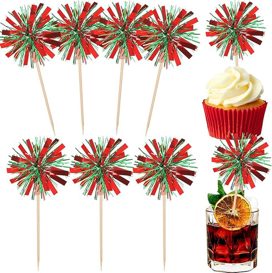Rsstarxi 30 Pack Firework Cupcake Toppers Birthday Cake Decorations Tinsel Flower Drink Stirrers Cocktail Food Fruit Toothpicks for Valentine's Day Birthday Wedding Party Green