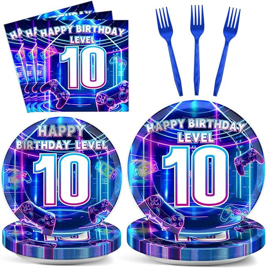 96Pcs 10th Birthday Video Game Plates and Napkins Gamer 10 Years Old Party Decorations Purple and Blue Level 10 Dessert Plates 10th Birthday Tableware for 24 Guests Boys Kids Gaming Party Supplies