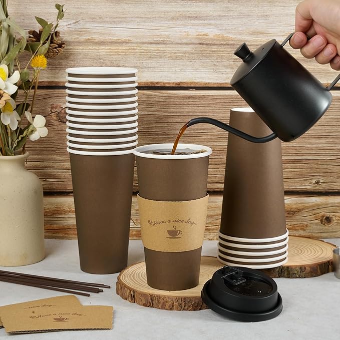 LITOPAK 100 Pack 20 oz Paper Coffee Cups, Brown Disposable Coffee Cups with Lids, Sleeves, Sticks, Drinking Cups for Hot Coffee, Water or Juice, Hot Paper Cups for Home, Restaurant, and Store