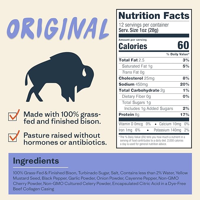 Patagonia Provisions Bison Sticks - Original | 100% Grass-Fed, 8g of Protein, 60 Calories | No Artificial Ingredients, Added Flavors, Fillers, or Nitrates | Pack of 12, 1 oz Each