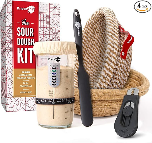 Sourdough Starter Kit (24oz Jar, 2xRound Baskets, Gray Bread Lame)