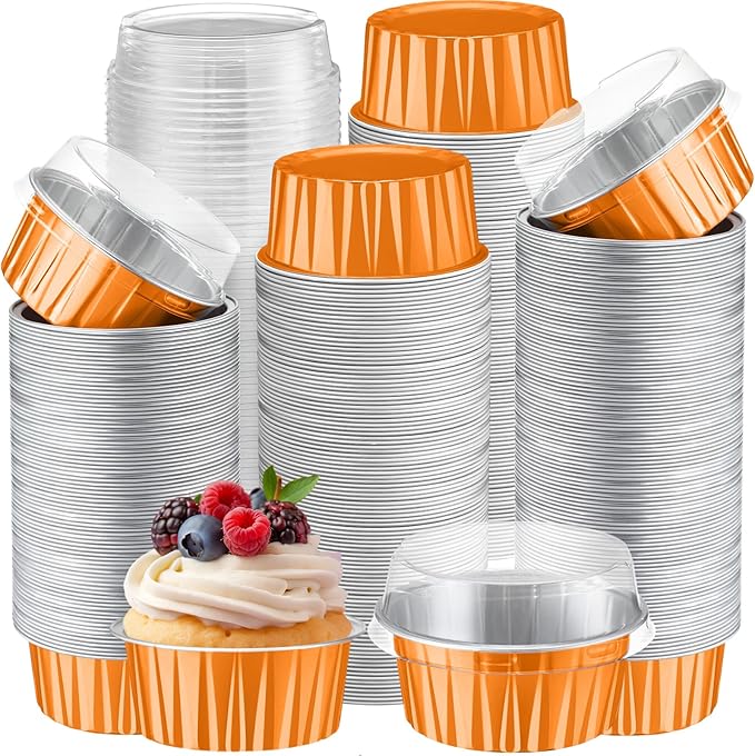 Gejoy 400 Pcs Aluminum Foil Baking Cups with Lids 5 oz Disposable Ramekins Mini Cake Pans Creme Brulee Cupcake Liners Muffin Tins Flan Mold Dessert Container for Wedding(Orange,Classic)