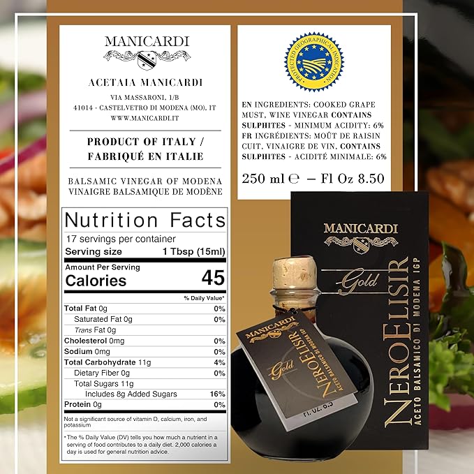MANICARDI Balsamic Vinegar of Modena PGI - Dense Gold Elisir with Drip-Stop Dispenser Perfect for Snacks, Pasta, Vegetables, Salad Dressings, Meat - Made in Italy, 8.45 Fl Oz (250 ml)