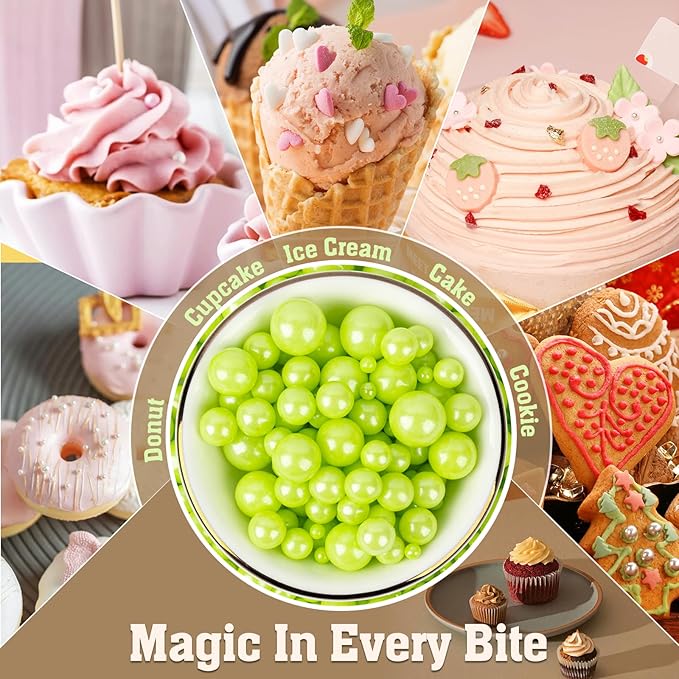 Twisweet Green Pearl Sprinkles for Cake Decorating, Edible Sugar Pearls for Baking, Mix Size, Cake Topper Cupcake Cookie Ice Cream Dessert Decorations, Easter Birthday Summer Party Supplies (130g/4.58oz)