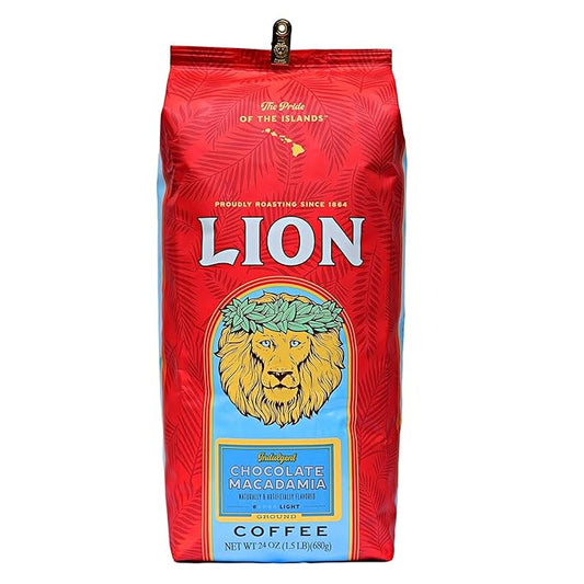 Lion Coffee Chocolate Macadamia Flavored Ground Coffee, Light Roast, Hawaiian Inspired Taste - 24 Ounce Bag