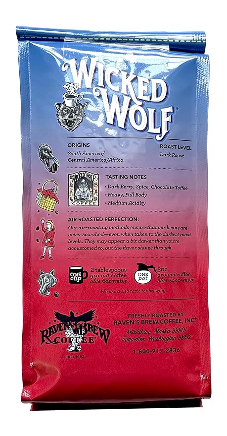 Raven's Brew Wicked Wolf Whole Bean Coffee, 12 ounce - Dark Roast - Full Body of Currant and Spice (2 Pack)