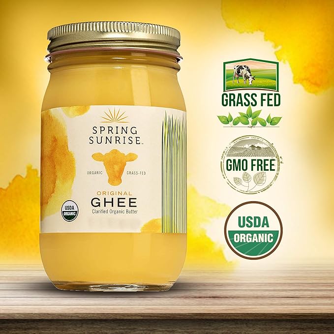 Spring Sunrise Grass Fed Organic Ghee - USDA Certified Clarified Butter - Keto & Paleo Friendly, Non-GMO, Gluten & Casein Free Cooking Oil - Sustainably Sourced - 16 oz Jar