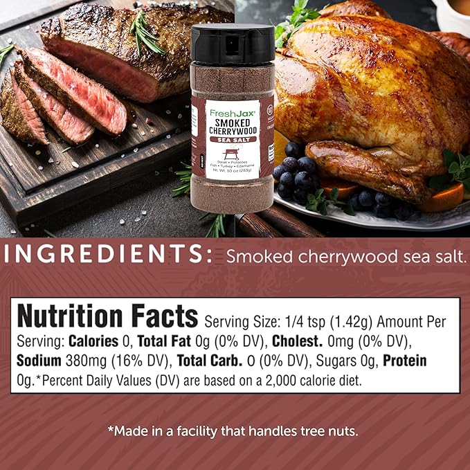 FreshJax Smoked Cherrywood Sea Salt | 10 oz Shaker Bottle | All-Natural Gourmet Smoked Sea Salt | Non-GMO, Gluten-Free, Vegan, Keto, Paleo | Bold Smoky Flavor for Meat, Veggies, Popcorn & Cocktails