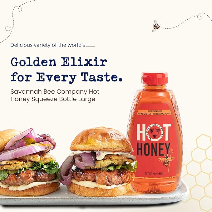 Savannah Bee Company Hot Honey Gluten Free and 100% Pure Honey Infused with Sweet Wildflower - Heat from Scotch Bonnet and Habanero Peppers 24 oz