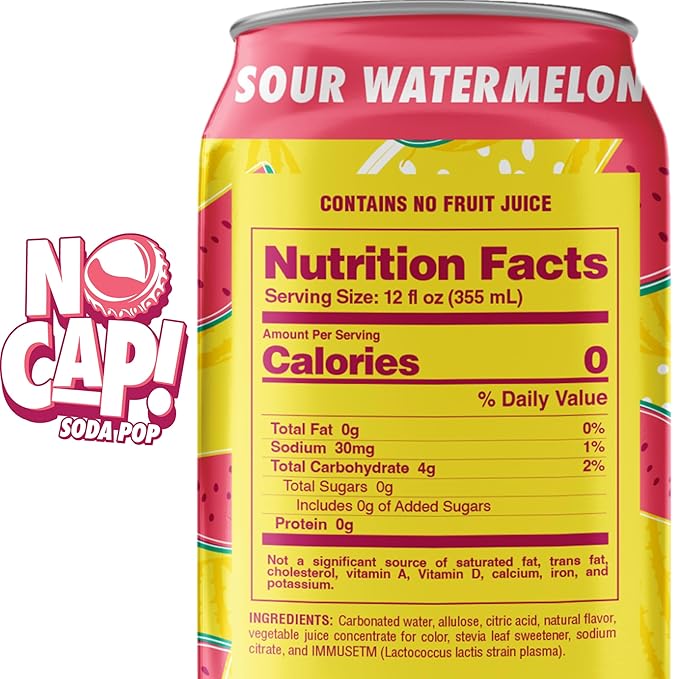 No Cap! Sour Watermelon, Postbiotic Soda, Healthy Soda Alternative, Zero Sugar, Zero Calorie, Caffeine Free, Vegan, Gluten Free, Postbiotics for Gut Health, 12 Oz Cans, 12 Pack