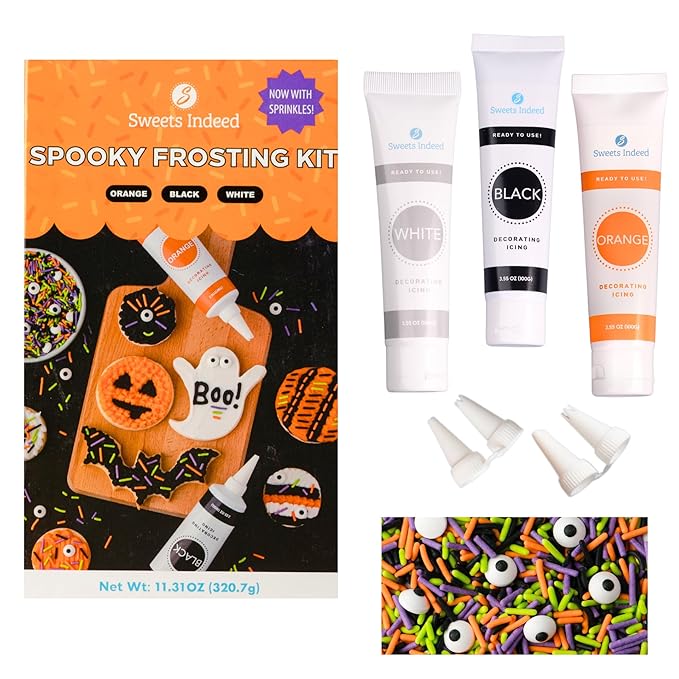 Halloween Frosting Kit with Sprinkles & Eyeballs ??11.31 oz Decorating Set with 3 Frosting Tubes (Orange, Black, White), 4 Nozzles & 2 oz Sprinkle Mix ??Cookie & Cupcake Kit for Kids & Families