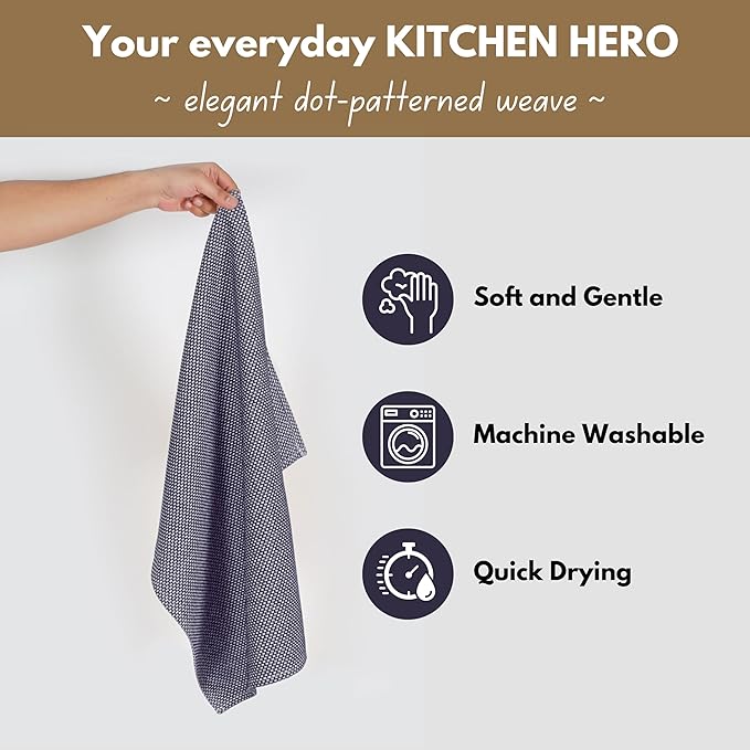 Native Fab 4 Pack Dotted Pattern Kitchen Dish Towels Cotton Super Absorbent Quick Drying Reusable 18x26 Inches - Bar Hand Towels, Kitchen Cleaning Towels with Hanging Loop, Navy