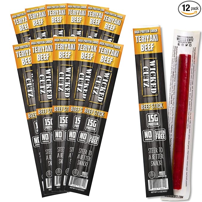 Wicked Cutz Teriyaki Beef Sticks, 15g Protein Per Beef Stick, Tender & Juicy Extra Large Meat Stick, USA Made High Protein Meat Sticks, Carnivore Snacks (12 Pack)