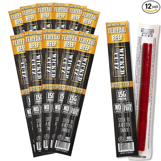 Wicked Cutz Teriyaki Beef Sticks, 15g Protein Per Beef Stick, Tender & Juicy Extra Large Meat Stick, USA Made High Protein Meat Sticks, Carnivore Snacks (12 Pack)