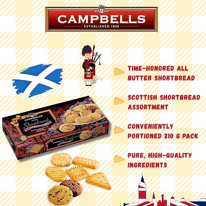 Campbells Shortbread Reserve Collection Carton 7.4 Oz (210g) - Scottish All-Butter Shortbread Cookies from Scotland, Chocolate Chip & Assorted Variety, Gourmet British Tea Biscuits & Gift Box