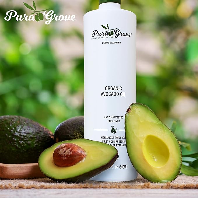Pura Grove Organic Avocado Oil For Cooking - High Smoke Point Cold Pressed Premium Grade Avocado Oil - 16.9 Fl Oz Opaque Glass Bottle