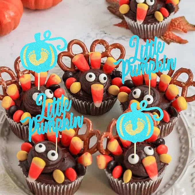 24Pcs Little Pumpkin Cupcake Toppers Pumpkin Baby Shower Cake Decorations Baby Feet Pumpkin Cupcake Picks for Thanksgiving Halloween Kids Birthday Party Decorations - Bule Glitter