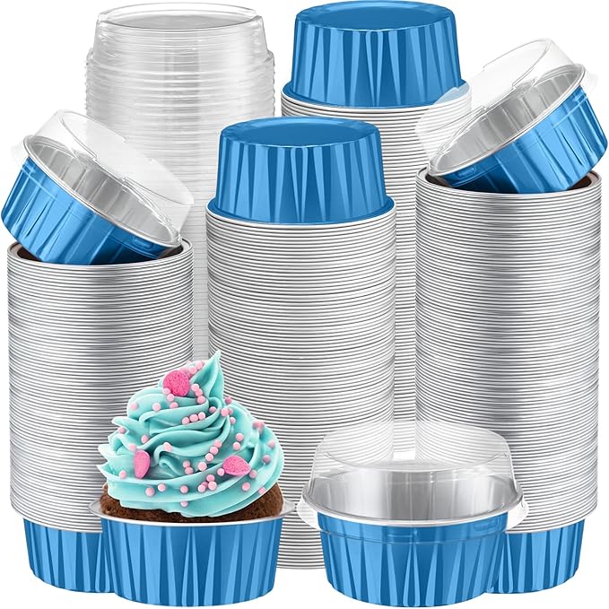 Gejoy 400 Pcs Aluminum Foil Baking Cups with Lids 5 oz Disposable Ramekins Mini Cake Pans Creme Brulee Cupcake Liners Muffin Tins Flan Mold Dessert Container for Wedding(Ocean Blue,Classic)