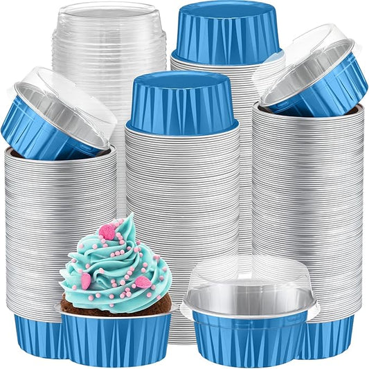 Gejoy 400 Pcs Aluminum Foil Baking Cups with Lids 5 oz Disposable Ramekins Mini Cake Pans Creme Brulee Cupcake Liners Muffin Tins Flan Mold Dessert Container for Wedding(Ocean Blue,Classic)
