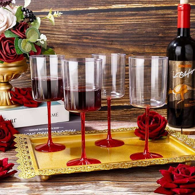 Ciaell 12 Pack 10 Oz Clear Plastic Wine Glasses with Red Stem - Disposable Cocktail Goblets Perfect for Parties & Weddings & Poolside & Outdoors & Camping & Party & Christmas