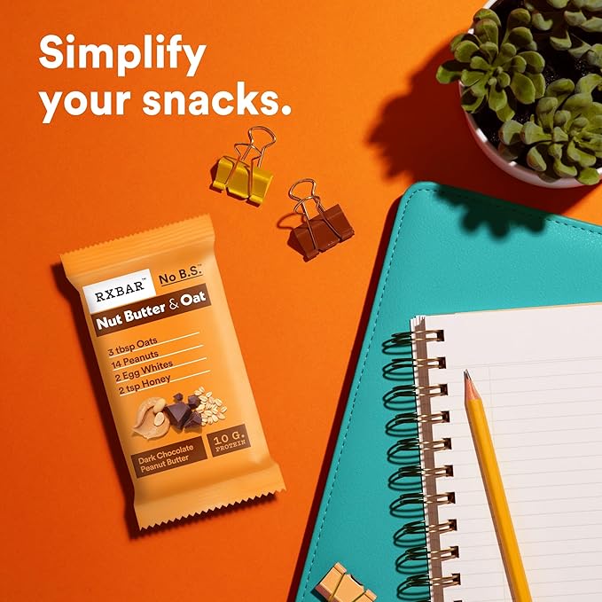 RXBAR Nut Butter and Oat Protein Bars, Protein Snacks, Snack Bars, Dark Chocolate Peanut Butter, 23.2oz Box (12 Bars)