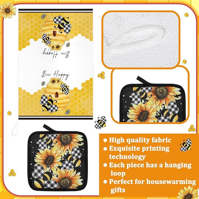Bencailor 8 Pcs Kitchen Towel Pot Holders and Oven Mitts Set Kitchen Decoration 4 Dish Towels 2 Retro Oven Mitts 2 Potholders for Housewarming Gift Cooking Baking Grilling(Bee and Sunflower,Yellow)