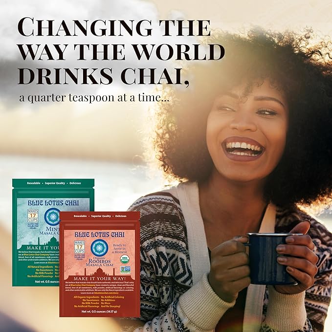 Blue Lotus Chai - Rooibos Masala Chai - Makes 17 Cups - 0.5 oz Pouch Masala Spiced Chai Powder with Organic Spices - Instant Indian Tea No Steeping - No Gluten