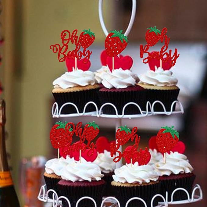 24 Pack Sweet Oh Baby Cupcake Toppers Glitter Oh Baby Strawberry Cupcake Picks Fruit Berry Cupcake Decorations for Summer Strawberry Baby Shower Kids Birthday Party Supplies Red