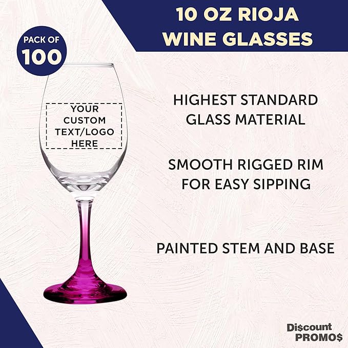 Custom Rioja Wine Glasses with Stem 10 oz. Set of 100, Personalized Bulk Pack - Color Bottom, Perfect for Wedding, Party Favors, Birthday, Bridal Shower Gifts - Pink