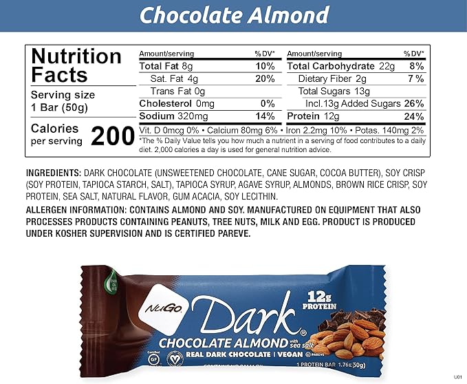 NuGo Dark Variety - Pretzel w/ Sea Salt 12 bars & New! Chocolate Almond w/ Sea Salt 12 bars, 12g Protein Bar, Vegan, Gluten Free, Non-GMO, Kosher Pareve, 24 count