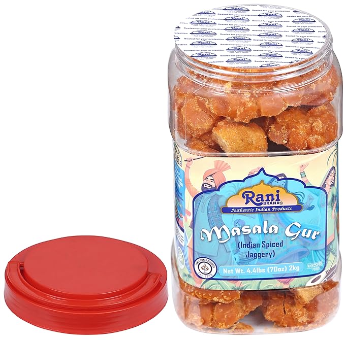Rani Masala Gur (Jaggery) Indian Unrefined Raw Cane Sugar 70oz (4.4lbs) 2kg PET Jar ~ Gluten Friendly | Vegan | NON-GMO | No Salt or fillers | Indian Product