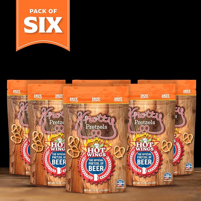 Knotty Pretzels ?쏷he Official Pretzel of Beer??7.5 oz Individual Seasoned Pretzels in Resealable Pretzel Snack Bags, The Perfect Pairing for Beer, Hot Wings Flavor (6-Pack)