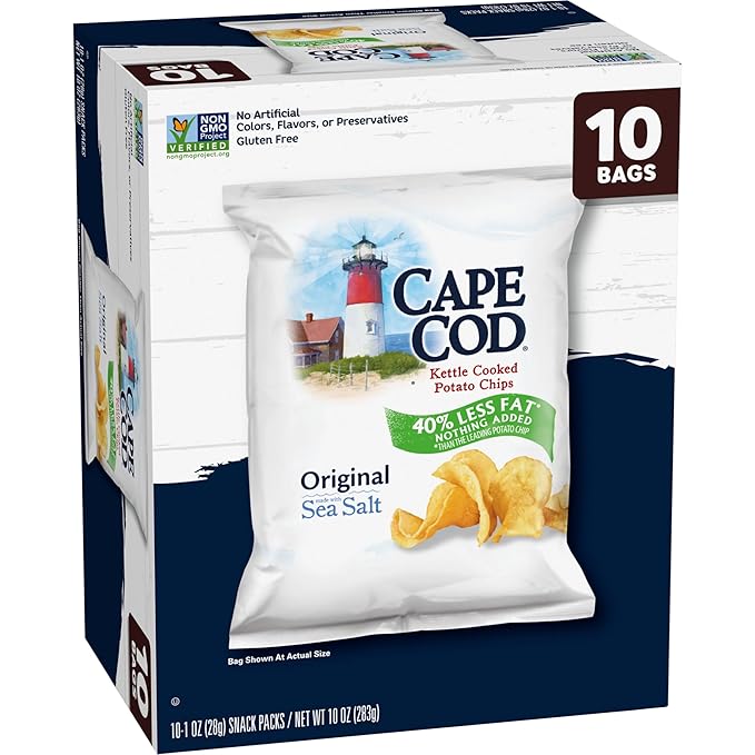 Cape Cod Potato Chips, Less Fat Original Kettle Chips, 1 Oz Snack Bags, 10 Ct