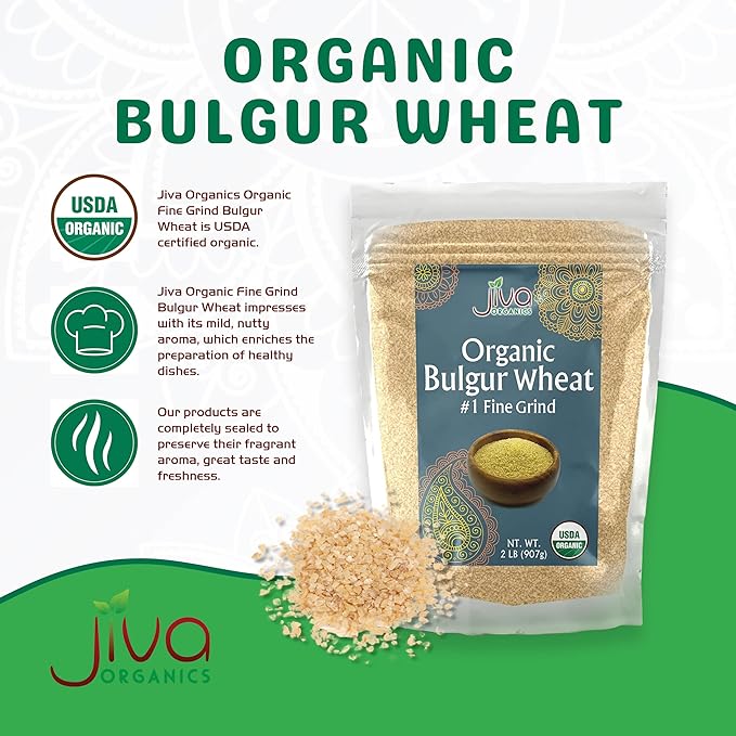 Organic Bulgur Wheat Fine #1 2 LB - Non-GMO, Grown in USA, 100% Natural Wheat Berries, Resealable Bag by Jiva Organics