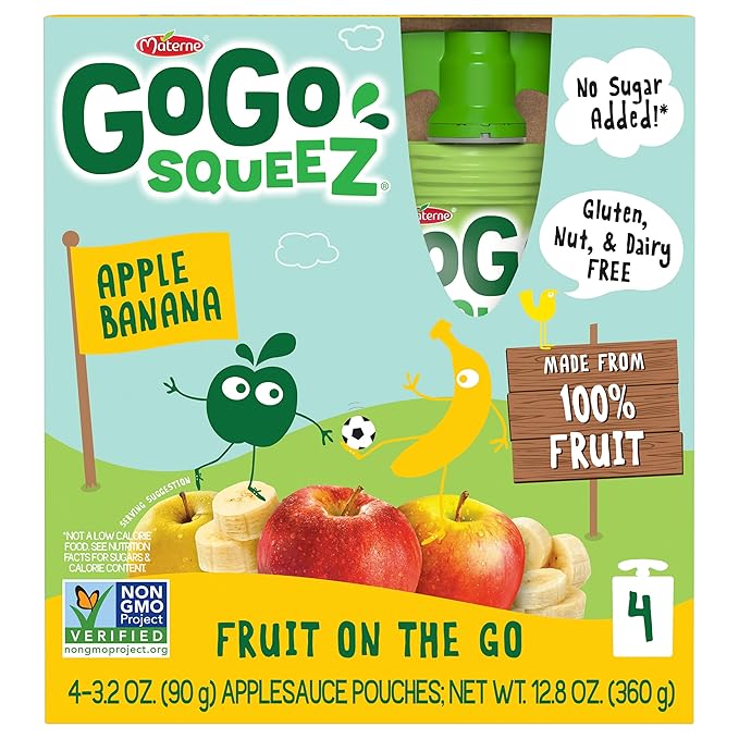 GoGo squeeZ Applesauce and Fruit Puree, Apple Banana, 3.2 oz (Pack of 48), Unsweetened Fruit Snacks for Kids, Gluten Free, Nut Free and Dairy Free, Recloseable Cap, BPA Free Pouches