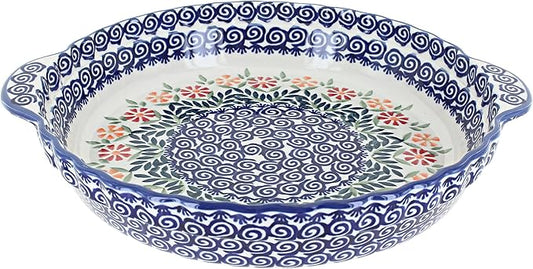 Blue Rose Polish Pottery - Blue Garden Bouquet Pie Plate with Handles - 9.75" Diameter - Ceramic Baking Dish, For Pies, Quiches & Desserts