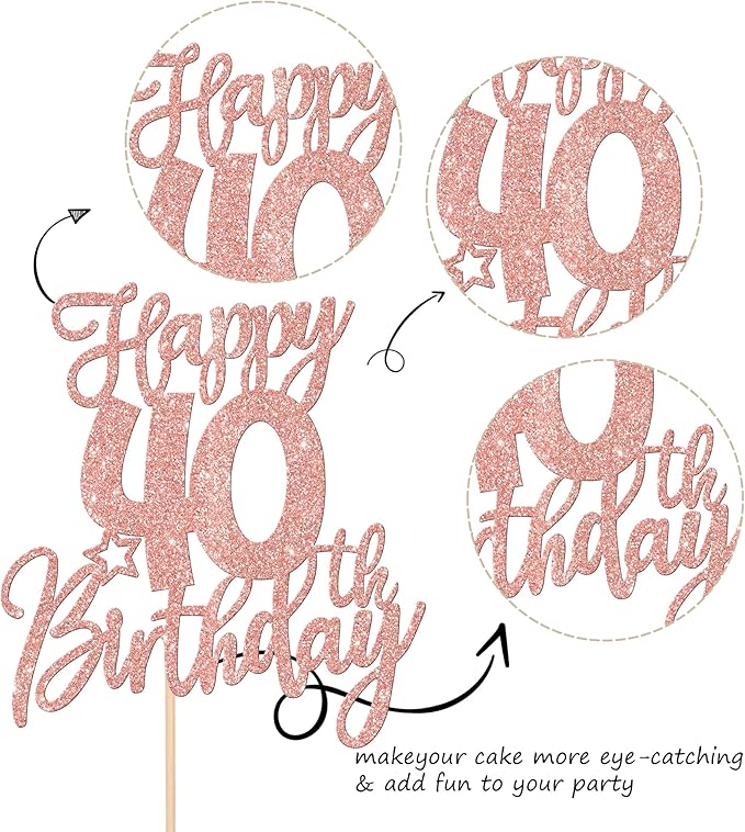 1 PCS Happy 40th Birthday Cake Topper Glitter Cheers to 40 Years Birthday Cake Pick Forty Hello 40 Fabulous Cake Decoration for Happy 40th Birthday Anniversary Party Decorations Rose Gold