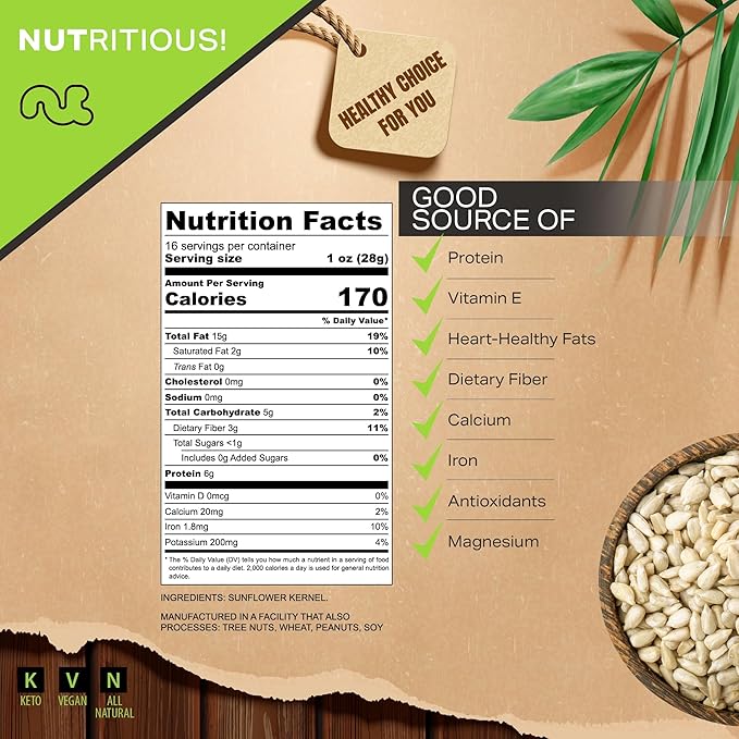 NUT CRAVINGS - Raw Sunflower Seeds Kernels to eat, Unsalted, Shelled Hulled, (16oz - 1 LB) Bulk Nuts Packed Fresh in Resealable Bag - Kosher Healthy Snack, Food Assortments Ideal for Trail Mixed Nuts