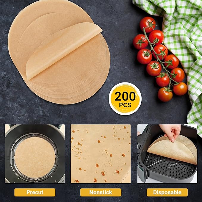 Beasea Air Fryer Round Liners 6 Inch, 200pcs Parchment Paper Disposable Unbleached Filter Paper Non-perforated Bamboo Steamer Papers for Air Fryer Steaming Basket