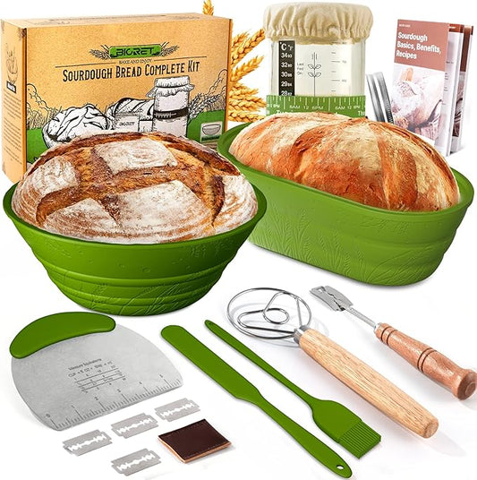 Sourdough Bread Baking Supplies 34 OZ Sourdough starter kit with 2 Bread Proofing Basket - Green