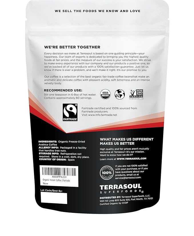 Terrasoul Superfoods Organic Freeze-Dried Instant Coffee, 3.5 oz - Fairtrade | Arabica Beans | Fresh Taste | Medium Roast