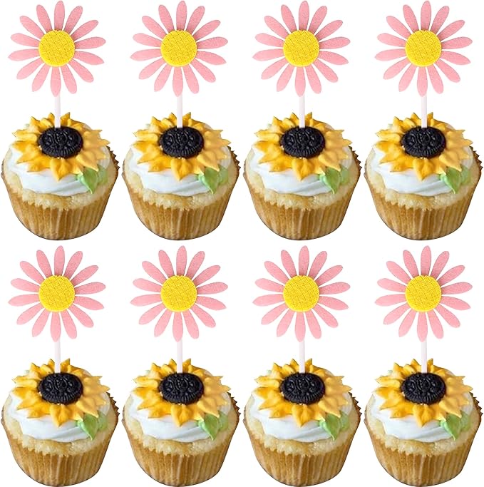 30 Pack Sunflower Cupcake Toppers Glitter Baby Shower Sunflower Cupcake Picks for Gender Reveal Theme Baby Shower 1st Birthday Party Cake Decorations Supplies Pink