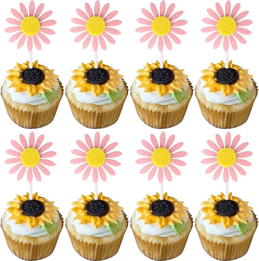 30 Pack Sunflower Cupcake Toppers Glitter Baby Shower Sunflower Cupcake Picks for Gender Reveal Theme Baby Shower 1st Birthday Party Cake Decorations Supplies Pink