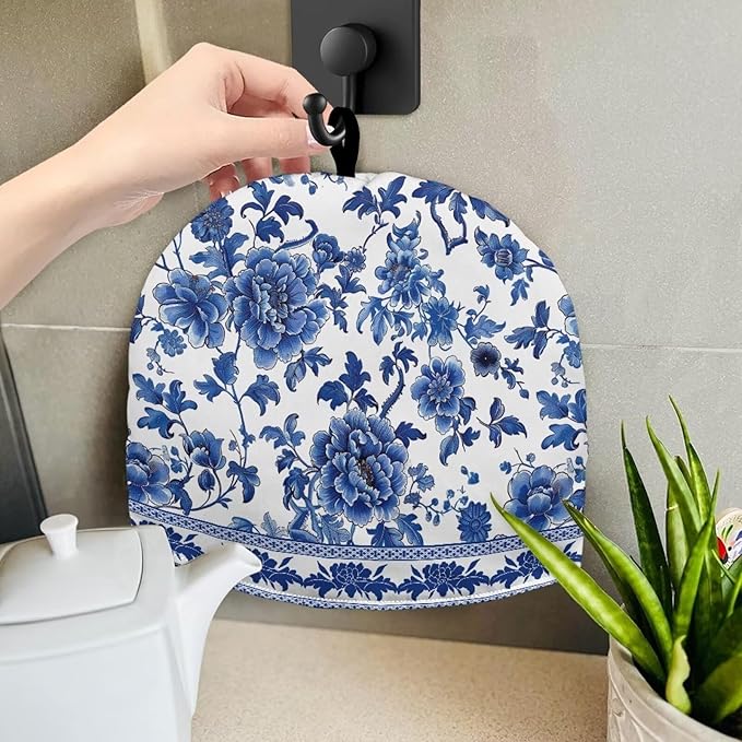Machine Washable Tea Cozy for Teapot Stylish Blue White Flowers Pattern Tea Cosy Fabric Quilted Padding & Heat-Proof Teapot Cover Customized Soft Tea Cozy for Household Kitchen